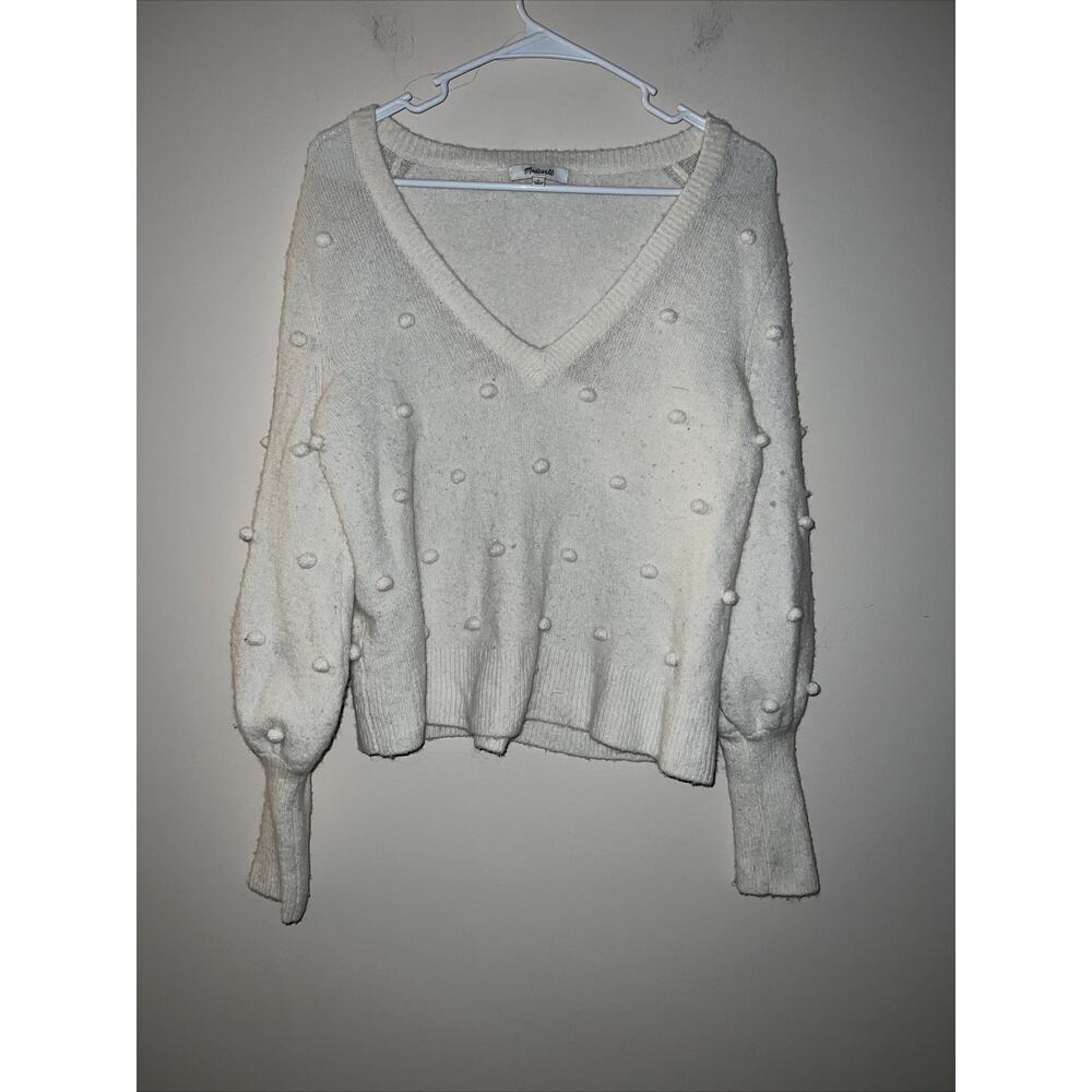 Madewell White Wool Blend Pom Pom Sweater Balloon Sleeves Small